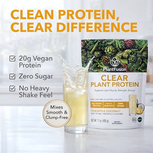 A split-screen style graphic showcasing a clear, refreshing plant protein shake alongside its clean, vegan ingredient profile.